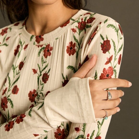 Apricot Boho Women's Elastic Ribbed Long Sleeve T-Shirt w/Floral Cinched Waist - Picture 4 of 6